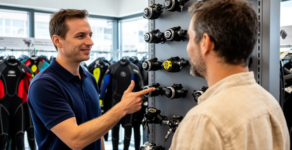 Conseiller plongée et client discutant devant présentoir de détendeurs