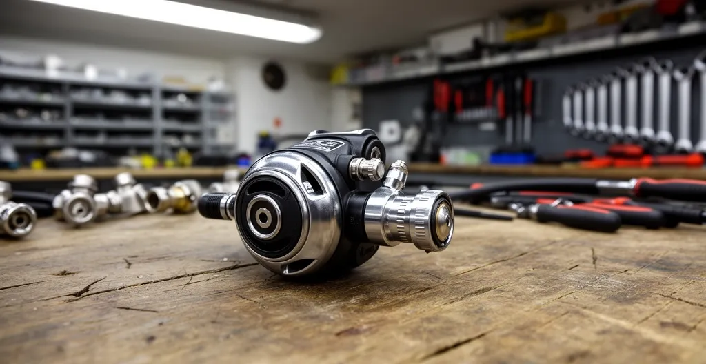 Détendeur de plongée posé sur table d'atelier avec outils de révision