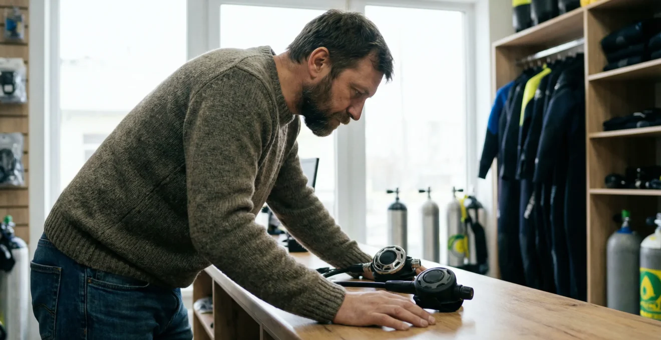 Plongeur examinant des détendeurs de plongée dans une boutique spécialisée