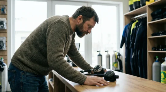 Plongeur examinant des détendeurs de plongée dans une boutique spécialisée