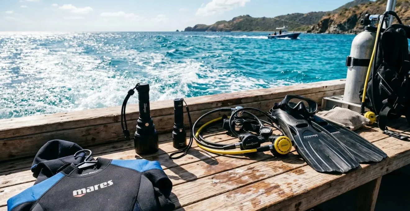 Matériel de plongée posé sur le pont d'un bateau incluant une lampe torche et un phare de plongée avant une immersion