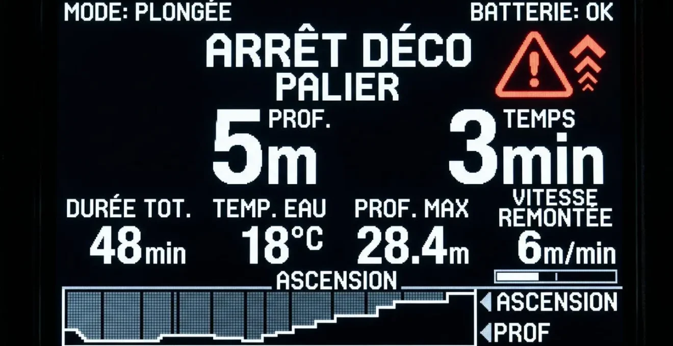 Écran d'ordinateur de plongée affichant une alarme de palier de décompression avec indication 'ARRÊT DÉCO', profondeur 5m et durée 3min en grands caractères rétroéclairés