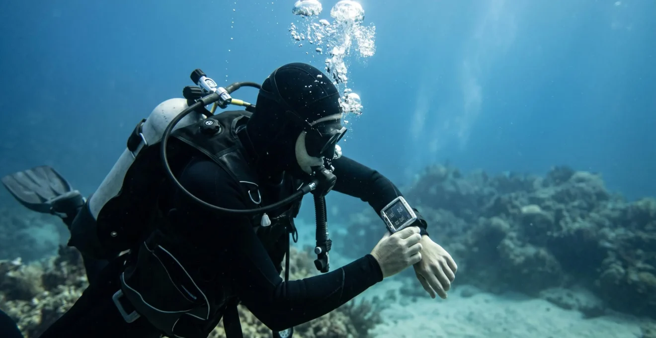 Plongeur sous-marin consultant son ordinateur de plongée au poignet durant une immersion, bulles d'expiration montant, environnement bleu méditerranéen en arrière-plan
