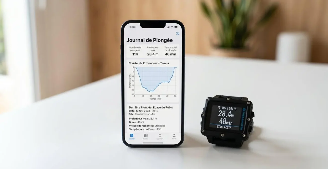 Smartphone affichant application de carnet de plongée numérique avec graphique de profil et statistiques en français, ordinateur de plongée posé à côté sur surface blanche