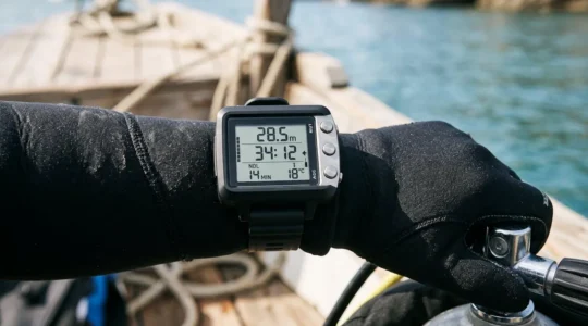 Gros plan sur ordinateur de plongée moderne au poignet d'un plongeur équipé, écran LCD affichant profondeur et temps de plongée, main gantée sur détendeur, fond de ponton bois flou