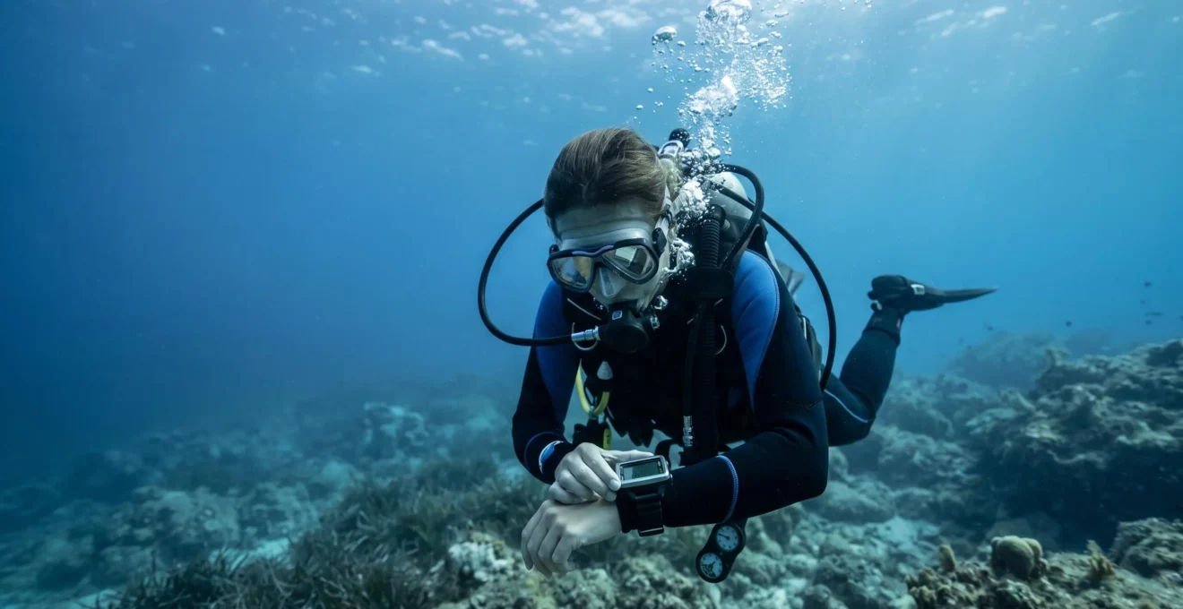 Plongeur sous-marin consultant son ordinateur de plongée au poignet durant une immersion, bulles d'expiration montant, environnement bleu méditerranéen en arrière-plan