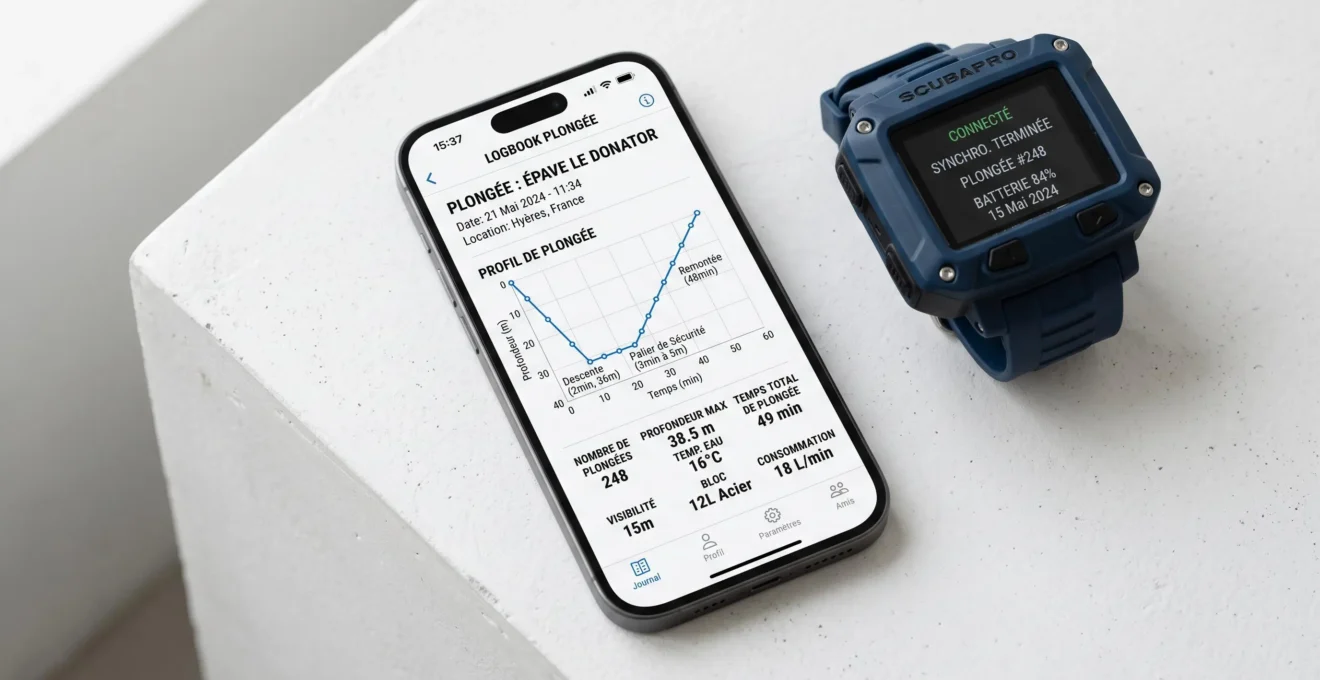 Smartphone affichant application de carnet de plongée numérique avec graphique de profil et statistiques en français, ordinateur de plongée posé à côté sur surface blanche